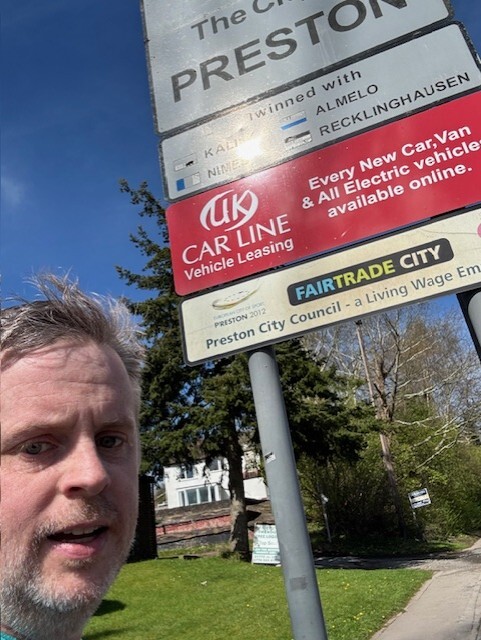 Martin Gate at the UK Carline London Road sign in Preston