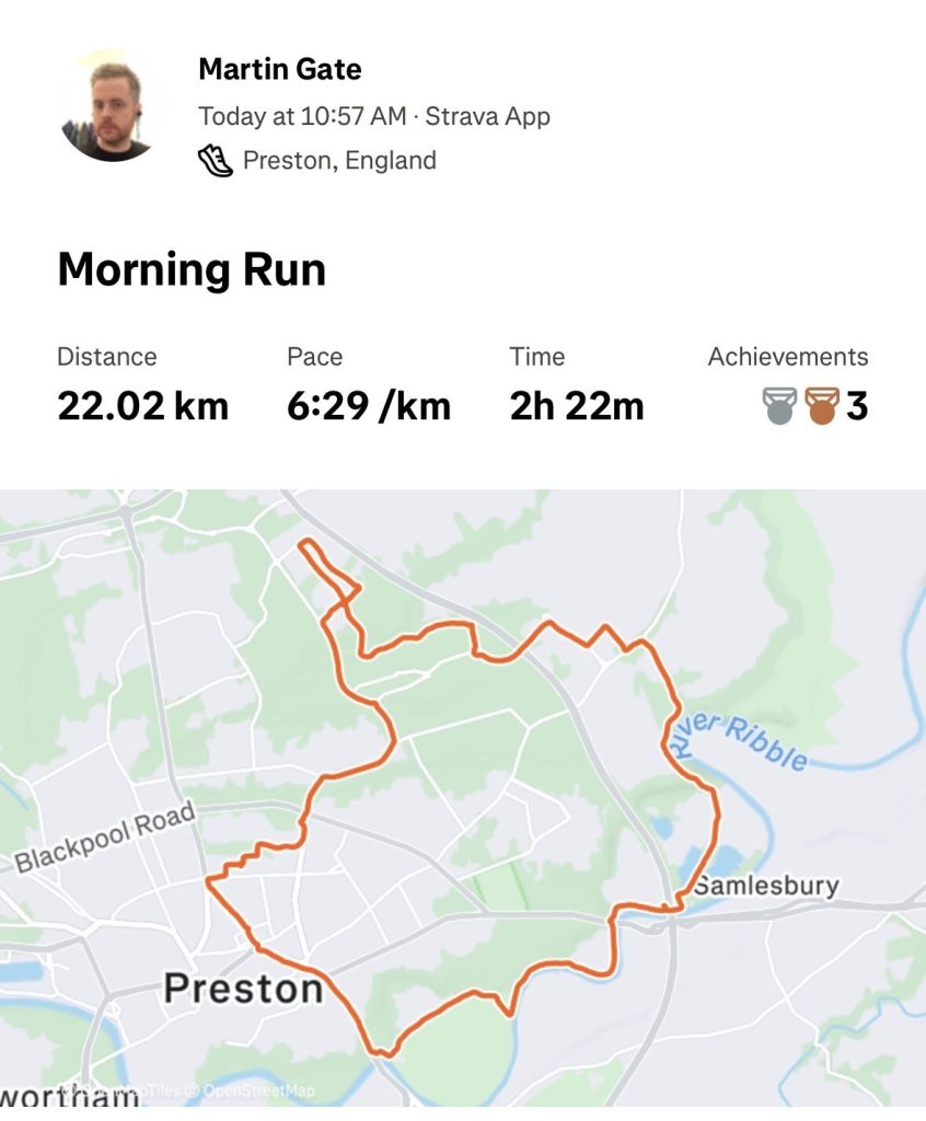 Strava route of the UK Carline Half Marathon run around Preston