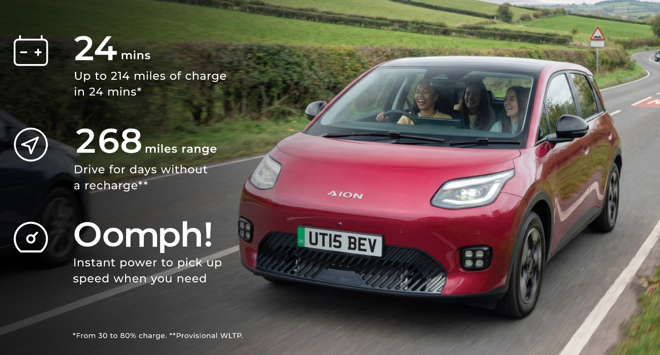 Red AION UT on a country road with manufacturer range and charging claims