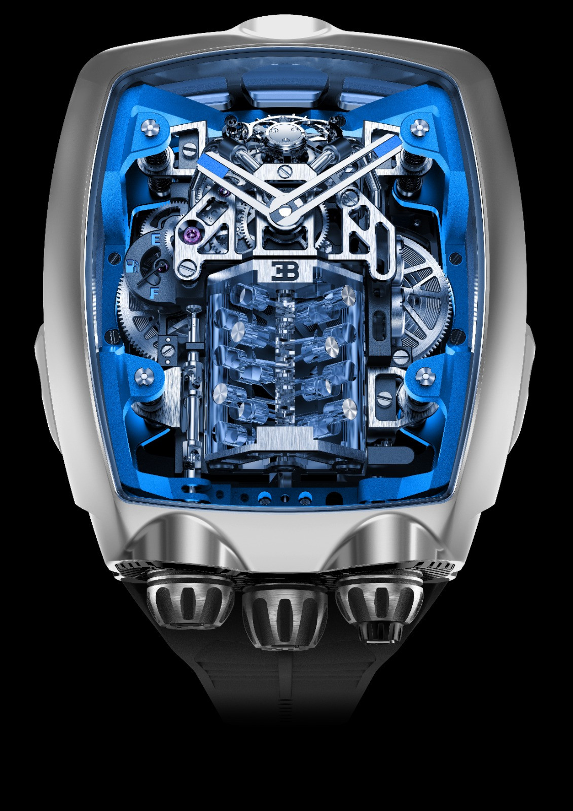 Jacob and Co Bugatti Chiron Tourbillon watch showing its miniature mechanical W16 engine