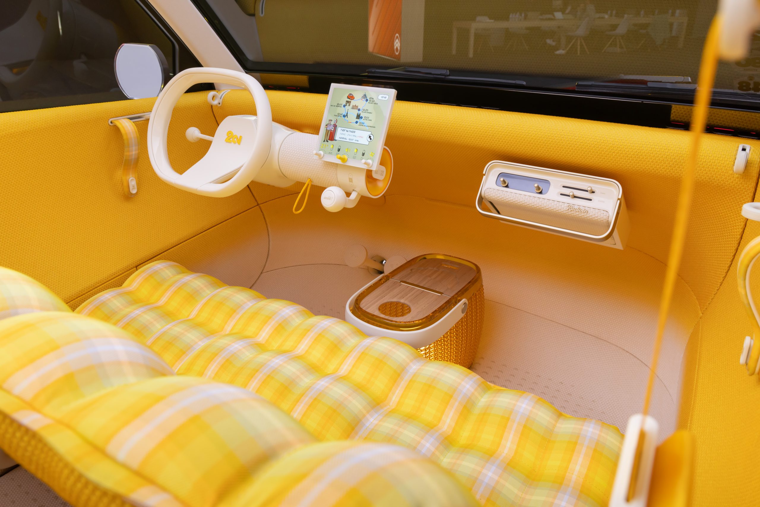 Bright yellow Citroën 2CV concept interior with removable central storage basket